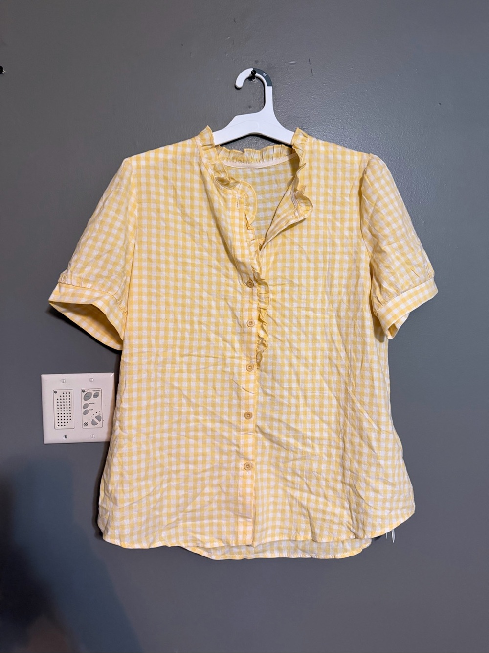 NWT LOMON Yellow Gingham Plaid Ruffle Mock Neck Blouse - Size L